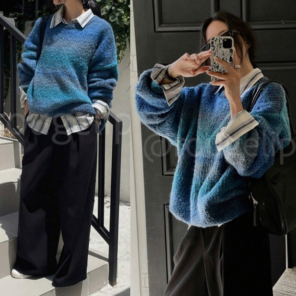 Blue Ombre Oversized Pullover Knit Sweater Round Neck Long SLeeve - Picture 8 of 16